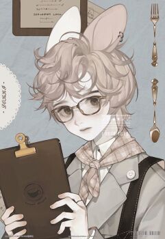 1boy baichuan_baichuan bandana bandana_around_neck brown_eyes brown_hair clipboard commentary earrings fork glasses holding holding_clipboard jewelry looking_at_viewer male_focus original rabbit_boy ring shirt spoon symbol-only_commentary white_shirt