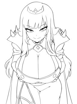 1girl absurdres blunt_bangs breasts cleavage crown dress grabbing_own_breast highres hololive hololive_english iggybomb large_breasts leaning_forward lineart long_hair looking_at_viewer mori_calliope naughty_face side_slit smirk thighhighs virtual_youtuber