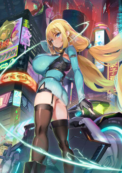 1girl alicia_(goetia_shock) alicia_arclight armpit_cutout ass black_thighhighs blonde_hair blue_eyes boots breasts building chinese_text city city_lights closed_mouth clothing_cutout cover cover_page cyberpunk dress fingerless_gloves from_below garter_straps gloves goetia_shock hair_between_eyes highres huge_breasts impossible_clothes impossible_dress lightning long_hair long_sleeves looking_back low_twintails motor_vehicle motorcycle night novel_cover official_art ookuma_nekosuke pencil_dress science_fiction second-party_source sign solo standing striped_clothes striped_dress thighhighs twintails vertical-striped_clothes vertical-striped_dress very_long_hair zettai_ryouiki
