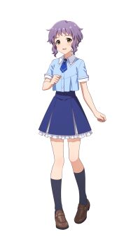 1girl buttons collared_shirt frilled_skirt frills full_body idolmaster idolmaster_million_live! idolmaster_tours kneehighs loafers makabe_mizuki necktie official_art open_mouth purple_hair shirt shoes skirt socks solo transparent_background yellow_eyes