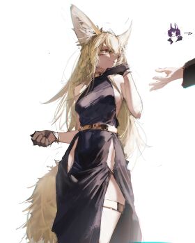 1boy 1girl absurdres animal_ear_fluff animal_ears arknights arm_up bare_shoulders belt black_dress blonde_hair breasts brown_eyes brown_gloves commentary cowboy_shot dress facial_scar fox_ears fox_girl fox_tail gandy_(gan3e46) gloves gold_belt hair_over_shoulder highres long_hair looking_at_another parted_lips scar scar_on_cheek scar_on_face sideboob simple_background sleeveless sleeveless_dress suzuran&#039;s_father_(arknights) tail thigh_strap vulpisfoglia_(arknights) white_background