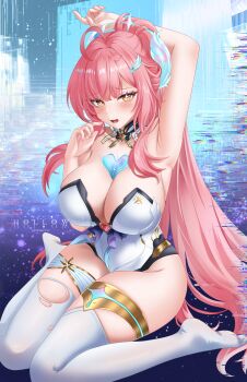 +_+ 1girl absurdres aemeath_(wuthering_waves) alternate_breast_size_(larger) arm_up armpits artist_name bare_shoulders blush breasts cleavage collarbone commentary english_commentary fingernails hand_up heart highres hollow_mimikyu large_breasts long_hair looking_at_viewer no_shoes on_water open_mouth pink_hair sitting solo tacet_mark_(wuthering_waves) teeth thighhighs torn_clothes torn_thighhighs upper_teeth_only very_long_hair wariza water white_thighhighs wuthering_waves yellow_eyes