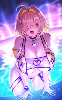 1girl :d bare_shoulders bikini blonde_hair blush breasts elegg_(boom_and_shock)_(nikke) elegg_(nikke) goddess_of_victory:_nikke highres huge_breasts looking_at_viewer multicolored_hair open_mouth pool short_hair slingshot_swimsuit smile solo standing swimsuit trhisell two-tone_hair wading water wet yellow_slingshot_swimsuit