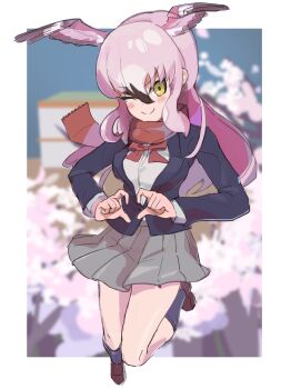 1girl bird_wings blue_jacket blue_socks blush bow bowtie brown_shoes full_body greater_flamingo_(kemono_friends) grey_skirt head_wings heart heart_hands highres jacket kemono_friends kemono_friends_3 kunikuni_(kunihiro2005) loafers long_hair long_sleeves official_alternate_costume one_eye_closed pink_bow pink_bowtie pink_hair pleated_skirt red_bow red_bowtie scarf school_uniform shirt shoes skirt smile socks solo white_shirt wings yellow_eyes