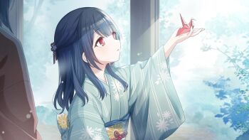 aged_down arm_up blue_hair bush game_cg holding idolmaster idolmaster_shiny_colors idolmaster_shiny_colors_song_for_prism japanese_clothes kimono morino_rinze official_art origami paper_crane red_eyes tree
