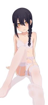 1girl absurdres black_hair bra braid breasts chainsaw_man cleavage collarbone gluteal_fold highres knee_up lingerie loli looking_at_viewer na-suke nayuta_(chainsaw_man) panties ringed_eyes side_braid simple_background sitting small_breasts stomach underwear underwear_only white_background white_bra white_panties yellow_eyes