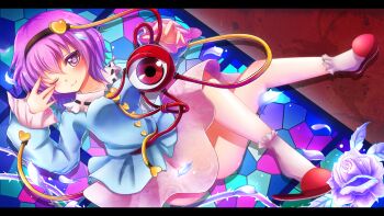 1girl ass black_hairband blue_shirt blush breasts buttons cat collar commentary_request erihiro floral_print floral_print_skirt flower frilled_sleeves frills hair_ornament hairband hand_over_eye heart heart_button heart_hair_ornament highres knee_blush komeiji_satori long_sleeves looking_at_viewer lying medium_breasts on_back one_eye_closed pink_collar pink_hair pink_skirt pink_socks plant print_skirt purple_eyes purple_flower purple_petals purple_rose red_background red_eyes red_slippers ribbon-trimmed_collar ribbon_trim rose shadow shirt short_hair skirt slippers smile socks solo stained_glass third_eye thorns touhou vines
