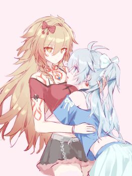 2girls antenna_hair aqua_skirt arm_tattoo arms_around_waist bare_shoulders belt belt_buckle black_choker black_ribbon black_skirt blonde_hair blue_eyes blue_shirt bow bra_strap braid breasts buckle chain chest_tattoo chinese_commentary choker circon cleavage closed_mouth commentary_request cowboy_shot cropped_shirt cross cross_print earrings expressionless eye_contact eyes_visible_through_hair fur-trimmed_skirt fur_trim genderswap genderswap_(mtf) grey_belt grey_hair hair_between_eyes hair_bow hand_in_another&#039;s_hair hand_on_another&#039;s_back hand_on_another&#039;s_head head_on_chest heart heart_earrings highres honkai:_star_rail honkai_(series) jewelry leaning_forward light_frown long_hair long_hair_between_eyes looking_at_another messy_hair midriff miniskirt multiple_girls mydei_(honkai:_star_rail) off-shoulder_shirt off_shoulder open_mouth phainon_(honkai:_star_rail) pink_background pink_thighhighs pleated_skirt pointy_nose polka_dot polka_dot_bow ponytail print_shirt red_bow red_shirt ribbon shirt short_sleeves shoulder_tattoo side_braid simple_background single_braid skirt sleeve_bow sleeve_ribbon tattoo thighhighs tsurime very_long_hair wavy_hair white_bow yellow_eyes yuri zettai_ryouiki