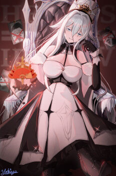 1girl azur_lane black_gloves capelet coat_dress colored_eyebrows dress fur_capelet fur_hat gloves hat highres holding long_bangs long_hair mixed-language_commentary solo sovetsky_soyuz_(azur_lane) white_eyes white_hair yokiya841