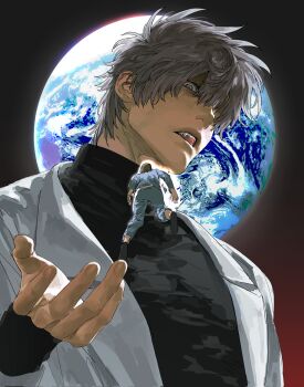 2boys black_shirt blue_pants blue_shirt earth_(planet) floating giant grey_eyes grey_hair hashtag-only_commentary highres jacket lapels long_sleeves looking_at_another male_focus multiple_boys notched_lapels open_clothes open_jacket open_mouth original pants parted_hair planet shirt short_hair space teeth turtleneck unio1001 upper_body upper_teeth_only white_jacket