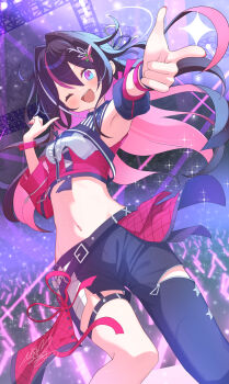 Rule 34 | 1girl, absurdres, armpits, asymmetrical pants, azki (hololive), belt, black belt, black hair, colored inner hair, commentary request, glowstick, highres, hololive, hololive idol uniform (color rise), long hair, midriff, mille, multicolored hair, navel, one eye closed, pink hair, pointing, pointing at viewer, purple eyes, red nails, signature, sweat, virtual youtuber, wristband