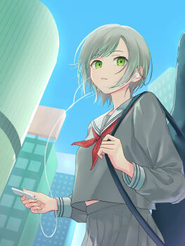 1girl absurdres blue_sky breasts building clear_sky commentary cowboy_shot day earbuds earphones from_below from_side green_eyes grey_hair grey_serafuku grey_shirt grey_skirt guitar_case highres hinomori_shiho holding holding_mp3_player holding_strap instrument_case listening_to_music long_sleeves looking_back midriff_peek miyamasuzaka_girls&#039;_academy_school_uniform mp3_player neckerchief outdoors parted_lips pleated_skirt project_sekai red_neckerchief sailor_collar school_uniform serafuku shirt shirt_overhang short_hair sidelocks sjuno skirt sky sleeve_cuffs small_breasts solo standing swept_bangs tareme urban white_sailor_collar