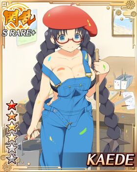 1girl ahoge arm_guards art_room beret between_breasts black_hair blue_eyes border braid braided_twintails breasts bucket card_(medium) cleavage closed_mouth crop_top denim_overalls english_text game_cg hat holding holding_bucket holding_mop indoors kaede_(senran_kagura) large_breasts long_hair low_twintails mop non-web_source official_alternate_costume official_art paint_splatter red-framed_eyewear senran_kagura senran_kagura_new_wave smile solo strap_between_breasts twintails