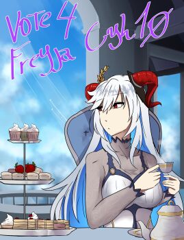 Rule 34 | 1girl, absurdres, blue hair, bodystocking, breasts, cake, cake slice, chair, character name, colored inner hair, commentary, cup, cupcake, curled horns, dress, english commentary, english text, fire emblem, fire emblem heroes, food, freyja (fire emblem), goat horns, hair between eyes, highres, holding, holding cup, horns, large breasts, long hair, long sleeves, looking to the side, ludook, macaron, multicolored hair, nintendo, on chair, red eyes, red horns, sitting, solo, teapot, tiered tray, white dress, white hair