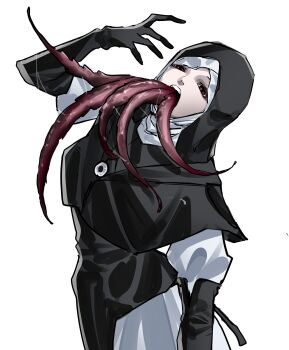 1girl absurdres black_bodice black_capelet black_gloves black_hood capelet commentary dress elden_ring elden_ring_nightreign english_commentary gloves hand_up highres jewelry mace mouth_tentacles necklace nun red_eyes saliva solo tentacles undertaker_(elden_ring) upper_body weapon white_background white_dress yazu_(zoddiacz)