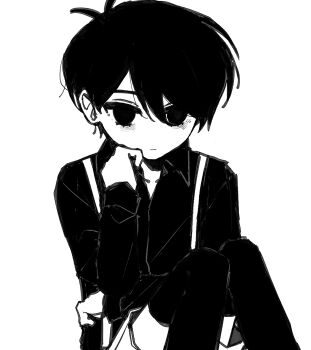 Rule 34 | 1boy, :|, alternate costume, antenna hair, closed mouth, collarbone, collared shirt, commentary request, double-parted bangs, empty eyes, feet out of frame, greyscale, hair behind ear, hair between eyes, hand on own cheek, hand on own face, hand on own opposite hip, hand up, high contrast, highres, knees up, light frown, long sleeves, looking at viewer, male focus, monochrome, no nose, no pupils, omori, omori (omori), rou (h s sinrin), shirt, short hair, shorts, simple background, sitting, solo, suspender shorts, suspenders, thighhighs, very short hair, white background