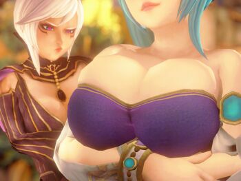 2girls 3d alternate_breast_size animated animated_gif bare_shoulders blue_eyes blue_hair bouncing_breasts breast_envy breasts cia_(hyrule_warriors) cleavage female_focus head_out_of_frame highres hyrule_warriors jiggle lana_(hyrule_warriors) large_breasts lips multiple_girls n-nurico nintendo red_pupils short_hair skindentation the_legend_of_zelda upper_body white_hair