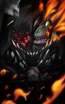 Rule 34 | black hood, broken mask, commentary, covered mouth, fire, highres, hood, hotu1122, luka (father of chaos) (mon-musu quest!), luka (mon-musu quest!), mask, mon-musu quest!, mon-musu quest: paradox