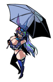 1girl azur_lane blue_eyes blue_hair blue_panties blue_thighhighs breasts cleavage eyewear_on_head full_body holding holding_umbrella large_breasts long_hair looking_at_viewer necktie new_jersey_(azur_lane) new_jersey_(black_blur_prelude)_(azur_lane) official_alternate_costume panties race_queen sirhoopsalot smile solo thighhighs umbrella underwear very_long_hair