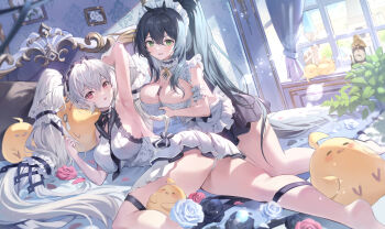 Rule 34 | 2girls, apron, arm behind head, arm garter, arm up, armpits, ass, azur lane, baby animal, bare arms, bare shoulders, bed, between breasts, bird, black choker, black hair, black skirt, breasts, chick, choker, cleavage, dress, flower, formidable (azur lane), formidable (timeless classics) (azur lane), frilled choker, frilled dress, frills, frown, green eyes, hair ornament, hair spread out, hand up, highres, horns, indomitable (azur lane), indomitable (ms. motivationless maid) (azur lane), indoors, large breasts, long hair, looking at viewer, lying, maid, maid apron, maid headdress, manjuu (azur lane), miniskirt, multiple girls, object on breast, obu (da1103ll), official alternate costume, on bed, on side, open mouth, panties, pleated skirt, ponytail, red eyes, rose, sailor collar, short dress, sideboob, skirt, sleeveless, sleeveless dress, smile, thighs, underwear, very long hair, waist apron, white dress, white hair, white panties