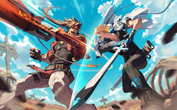 2boys arms_up belt black_belt black_gloves black_pants black_shirt blonde_hair blue_eyes blue_gloves bone boots brown_eyes brown_footwear brown_hair cloud cocodar collarbone collared_shirt commentary cropped_jacket desert english_commentary eye_contact feet_out_of_frame fighting_stance fingerless_gloves gloves guilty_gear guilty_gear_strive hand_wraps headband highres holding holding_sword holding_weapon jacket jacket_on_shoulders jewelry ky_kiske looking_at_another male_focus motion_lines multiple_boys muscular muscular_male necklace open_clothes open_jacket open_mouth pants pectoral_cleavage pectorals ponytail red_headband red_jacket scabbard sheath shirt short_hair short_hair_with_long_locks sky sol_badguy sword teeth thigh_belt thigh_strap upper_teeth_only weapon white_jacket white_pants