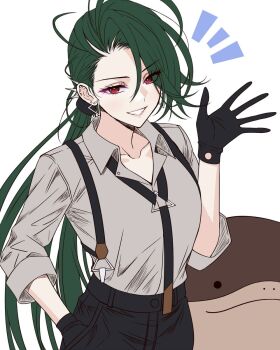 1girl ^^^ clodsire collarbone earrings gloves green_hair grin hand_in_pocket jewelry long_hair maximum_pamyu multiple_piercings nintendo pokemon pokemon_scarlet_and_violet ponytail red_eyes rika_(pokemon) smile solo suspenders upper_body waving white_background