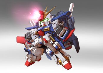 absurdres chibi chinese_commentary clenched_hands commentary_request full_body glowing glowing_eyes gradient_background green_eyes gundam gundam_zz highres making-of_available mecha mecha_focus mobile_suit no_humans robot science_fiction sd_gundam solo thrusters v-fin zakuma zz_gundam