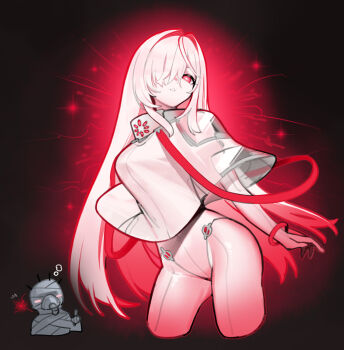 1girl 621_(armored_core_vi) armored_core armored_core_vi:_fires_of_rubicon ayre_(armored_core_vi) bandaged_head bandaged_torso bandages bandages_over_eyes baniran_dorosu fromsoftware hair_over_one_eye long_hair multicolored_hair personification red_eyes red_hair science_fiction white_hair