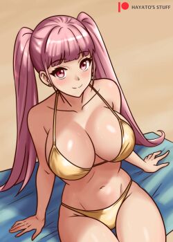 Rule 34 | 1girl, absurdres, alternate costume, bikini, blunt bangs, breasts, cleavage, fire emblem, fire emblem: three houses, gold bikini, hayato stuff, highres, hilda valentine goneril, large breasts, long hair, looking at viewer, nintendo, pink eyes, pink hair, smile, solo, swimsuit, twintails