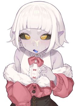 1girl absurdres black_sclera black_skirt blush bow colored_sclera colored_skin commentary cropped_legs cum cum_on_body dot_nose ear_piercing english_commentary facial fang highres indie_virtual_youtuber jacket kumo_kuddelmuddel long_sleeves looking_at_viewer medium_hair mirumiruchan nose_blush off_shoulder open_mouth piercing pink_bow pink_jacket pointy_ears purple_skin shirt simple_background skirt sleeveless sleeveless_shirt solo standing sweat thick_eyebrows virtual_youtuber white_background white_hair white_shirt yellow_eyes