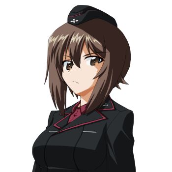 Rule 34 | 1girl, black hat, black jacket, breasts, brown eyes, brown hair, commentary request, cross, from below, garrison cap, girls und panzer, hat, highres, iron cross, jacket, kuromorimine military uniform, large breasts, looking at viewer, military, military hat, military jacket, military uniform, nishizumi maho, red shirt, rhun, serious, shirt, short hair, solo, transparent background, upper body