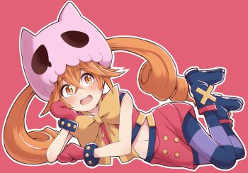 1girl black_pantyhose blush brown_eyes brown_hair eldora_(wixoss) gloves highres looking_at_viewer lying nekonitankobu on_side open_mouth outline pantyhose pink_background purple_pantyhose red_gloves red_shirt red_skirt shirt skirt solo striped_clothes striped_pantyhose teeth twintails upper_teeth_only white_outline wixoss