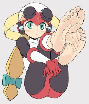 1girl alternate_universe barefoot black_bodysuit blonde_hair bodysuit bow feet gloves green_bow green_eyes helmet highres hugging_own_legs long_hair mega_man_(series) mega_man_battle_network_(series) oyatsu_(mk2) presenting_foot red_gloves roll.exe_(mega_man) soles toes white_bodysuit white_helmet