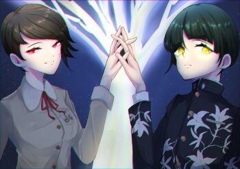 1boy 1girl absurdres brown_hair floral_print_shirt glowing glowing_tree green_hair highres hiromine_yoko holding_hands interlocked_fingers jouin_high_school_uniform looking_at_viewer mirage_(mirage0427z) night night_sky protagonist_(smtv) red_eyes red_ribbon ribbon school_uniform shin_megami_tensei shin_megami_tensei_v shin_megami_tensei_v:_vengeance short_hair sky tree upper_body yellow_eyes