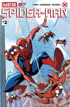 1boy absurdres blue_bodysuit blue_sky bodysuit building character_name city comic_cover company_name copyright_logo copyright_name cover cover_page day english_text gurihiru highres logo male_focus marvel multicolored_bodysuit non-humanoid_robot official_art outdoors red_bodysuit robot silk sky spider-man spider-man_(series) superhero_costume