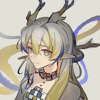 Rule 34 | 1girl, arknights, bare shoulders, blonde hair, closed mouth, commentary, dragon girl, dragon horns, earrings, eyeliner, green eyes, grey background, grey hair, hair between eyes, highres, horns, jewelry, light smile, long hair, looking at viewer, makeup, multicolored hair, necklace, orange eyeliner, pointy ears, portrait, purple hair, shabulaji, shu (arknights), sketch, solo