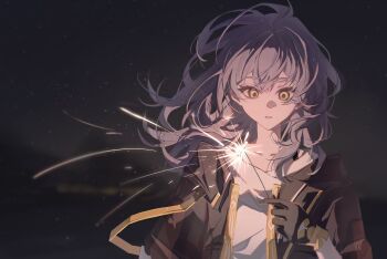 1girl black_gloves black_jacket black_sky blurry blurry_background collarbone commentary fireworks floating_hair gloves grey_hair hair_between_eyes hand_up highres holding holding_fireworks honkai:_star_rail honkai_(series) jacket lapels long_hair long_sleeves looking_at_object looking_down night open_clothes open_jacket outdoors shirt sidelocks sky solo sparkler star_(sky) starry_sky stelle_(honkai:_star_rail) t-shirt teeth trailblazer_(honkai:_star_rail) upper_body wavy_hair white_shirt yellow_eyes yunzhongxing
