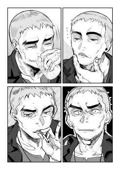 ... 1boy absurdres black_background border can cheekbones cigarette closed_mouth greyscale hand_on_own_chin highres holding holding_can holding_cigarette jacket jewelry licking_lips male_focus monochrome multiple_expressions nanu_(pokemon) nazuka_jyo nintendo old old_man open_clothes open_jacket open_mouth pendant pokemon pokemon_sm portrait scared shirt short_hair simple_background smile solo tongue tongue_out white_background white_border