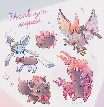 :o absurdres bird blue_eyes character_request closed_mouth commentary_request gen_4_pokemon gen_5_pokemon gen_6_pokemon gen_7_pokemon glaceon highres mofucoffee nintendo no_humans open_mouth pokemon pokemon_(creature) pokemon_focus pyukumuku scolipede smile talonflame twitter_username zorua