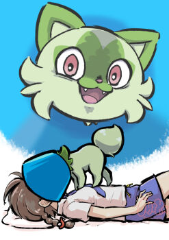 Rule 34 | 1girl, braid, brown eyes, brown hair, juliana (pokemon), mutsuki (pixiv116518), necktie, nintendo, object on head, open mouth, pet cone, pokemon, pokemon (creature), pokemon sv, school uniform, shirt, shorts, sprigatito, standing on person