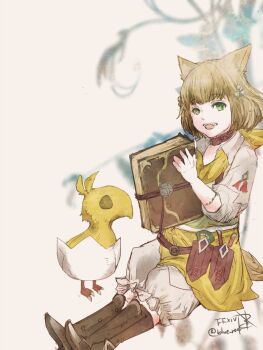 1girl :d animal_ears baby_animal bell bird black_boots bloomers book boots brown_choker brown_hair brown_tail cat_ears cat_girl cat_tail chick child chocobo choker commentary copyright_name eggshell fang final_fantasy final_fantasy_xiv green_eyes hair_bell hair_ornament holding holding_book khloe_aliapoh knee_boots miqo'te open_mouth ruka_(blueplus84) short_hair short_tail sitting smile tail teeth three-quarter_sleeves twitter_username underwear upper_teeth_only white_bloomers yellow_bird