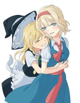 2girls absurdres alice_margatroid apron back_bow black_hat black_skirt black_vest blue_dress blue_eyes blush bow breasts closed_eyes collared_shirt commentary_request dress green_ribbon grin hat highres kirisame_marisa multiple_girls neck_ribbon open_mouth pinafore_dress puffy_short_sleeves puffy_sleeves ribbon shirt short_sleeves simple_background skirt sleeveless sleeveless_dress small_breasts smile touhou tsuno_no_hito vest waist_apron white_apron white_background white_bow white_shirt witch_hat yuri