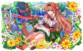 1girl 1other apron aqua_flower aqua_rose armband bag bare_shoulders basket black_armband blue_hair blunt_bangs blush bow breasts brooch brown_corset brown_footwear buttons cavalcanti_(crash_fever) cel_shading center_frills closed_mouth collar collared_shirt corset crash_fever cross-laced_clothes cross-laced_corset cross-laced_footwear cross-laced_wristband detached_sleeves dress_shirt floral_print_corset floral_print_socks flower flower_basket flower_pot flower_request frilled_sleeves frills full_body game_cg green_bow green_hairband green_skirt hair_between_eyes hair_bun hair_flower hair_ornament hairband holding holding_basket holding_sword holding_weapon jewelry kneehighs lace-trimmed_apron lace-trimmed_socks lace_trim light_brown_hair long_hair long_sidelocks long_sleeves looking_at_viewer medium_breasts monster official_art open_mouth orange_flower outline parted_lips pink_flower pink_socks purple_flower red_eyes red_flower red_outline red_rose rose shirt sidelocks single_side_bun skirt socks solo_focus sword tachi-e teeth too_many_flowers transparent_background two-tone_flower underbust very_long_hair weapon white_apron white_collar white_flower white_shirt white_sleeves wing_collar wristband yellow_flower