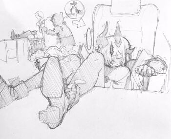 ... 1girl 1other anger_vein arknights blush breasts chair closed_eyes doctor_(arknights) dragon_girl dragon_tail feet_on_table graphite_(medium) greyscale hair_over_one_eye high_heels highres horns medium_breasts monochrome necrass_(arknights) on_chair pantyhose senpuki sleeping tail torn_clothes torn_pantyhose traditional_media zzz