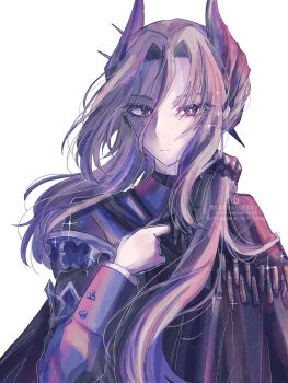 1girl aster_(sterdust_08) black_cape blue_jacket cape closed_mouth grey_eyes grey_hair hair_between_eyes hair_ornament hand_up highres jacket long_hair looking_at_viewer military_uniform reverse:1999 rifle_cartridge sentinel_(reverse:1999) side_cape solo upper_body watermark white_background