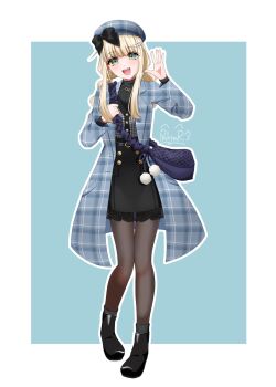 1girl bag black_boots black_bow black_dress black_pantyhose blonde_hair boots bow casual collar commentary_request d4dj dress fukushima_noa full_body green_eyes hat hat_bow highres jacket long_sleeves looking_at_viewer official_alternate_costume official_alternate_hairstyle open_clothes open_mouth pantyhose pmktmr pom_pom_(clothes) purple_bag shoulder_bag signature solo teeth upper_teeth_only