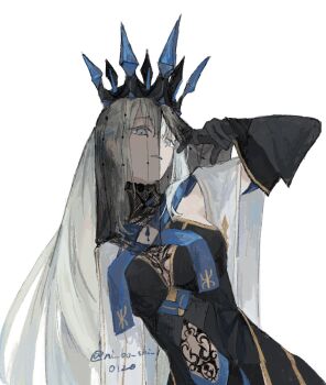 1girl black_dress black_gloves black_veil blue_eyes braid breasts clothing_cutout crown dress fate/grand_order fate_(series) gloves grey_hair highres large_breasts long_hair morgan_le_fay_(fate) morgan_le_fay_(queen_of_winter)_(fate) solo spikes stomach_cutout two-tone_dress veil veil_lift very_long_hair yowa_(niboshi)