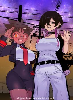 2girls :d absurdres artist_name azatarou_h belt_collar black_bodysuit black_choker black_eyes black_hair black_jacket black_nails bodysuit bodysuit_under_clothes borrowed_character breasts brown_hair choker claw_pose collar collared_shirt commentary commissioner_name cowboy_shot cropped_jacket crossed_bangs crossover dark-skinned_female dark_skin ear_piercing glasses gradient_sky hair_over_breasts hair_over_one_eye hand_up height_difference highres jacket jellyfish_cut large_breasts long_hair long_sleeves mila_croix_(enoch_adonai) multiple_girls necktie necktie_overhang open_clothes open_jacket open_mouth orange_eyes original outdoors pants parted_lips piercing power_lines purple_hair purple_sky red-tinted_eyewear red_necktie rororoji_(enpi_shima) round_eyewear salute second-party_source shirt shirt_tucked_in short_hair sky smile spiked_hair standing star_(sky) starry_sky tinted_eyewear tomboy utility_pole white_pants white_shirt yellow_sky