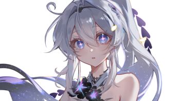 1girl ahoge bare_shoulders blue_eyes chinese_commentary commentary_request flower highres honkai_(series) honkai_impact_3rd kiana_kaslana kiana_kaslana_(herrscher_of_finality) long_hair parted_lips ponytail procreate_(medium) purple_flower seawave02974 simple_background solo star-shaped_pupils star_(symbol) symbol-shaped_pupils very_long_hair white_background