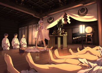 1girl 6+boys aftersex altar assertive_female blue_eyes breasts brown_hair censored commentary_request covered_erect_nipples cum exhausted feet grey_hair hetero indoors japanese_clothes kimono long_hair low_twintails mosaic_censoring multiple_boys nipples penis pussy see-through_robe short_hair shrine small_breasts takemura_sessyu toes tsukuyomi-chan twintails utau white_kimono wooden_floor